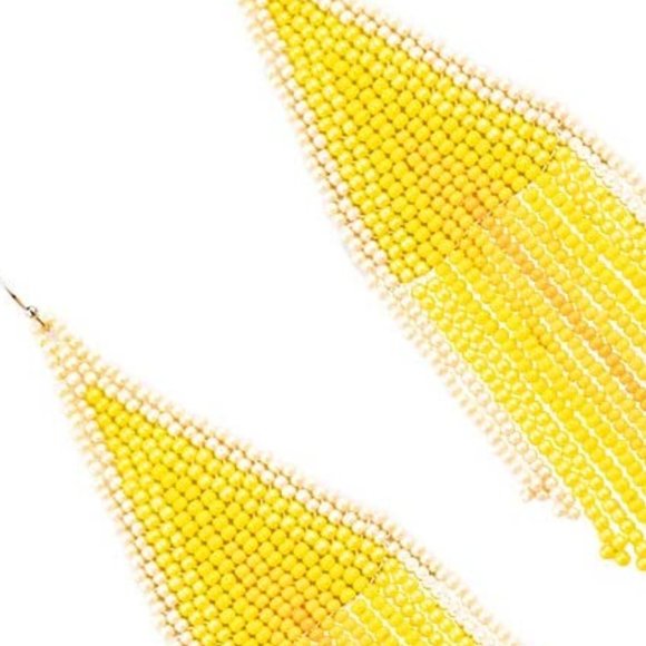 Long 5.5" Yellow Striped Earrings Handmade Oversized Beaded Bohemian Seed Beads - Picture 6 of 6